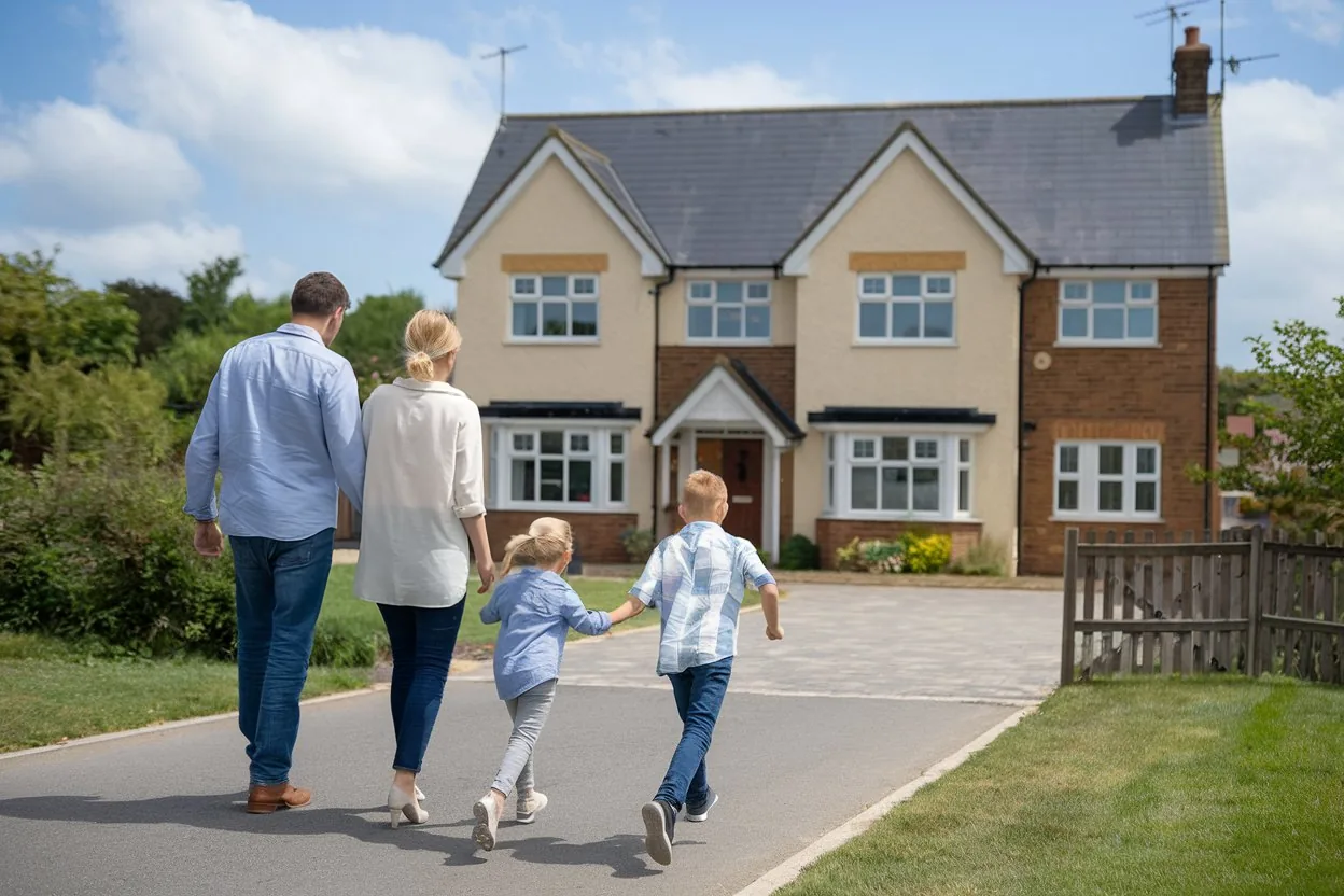 A family walking up the drive of their new home